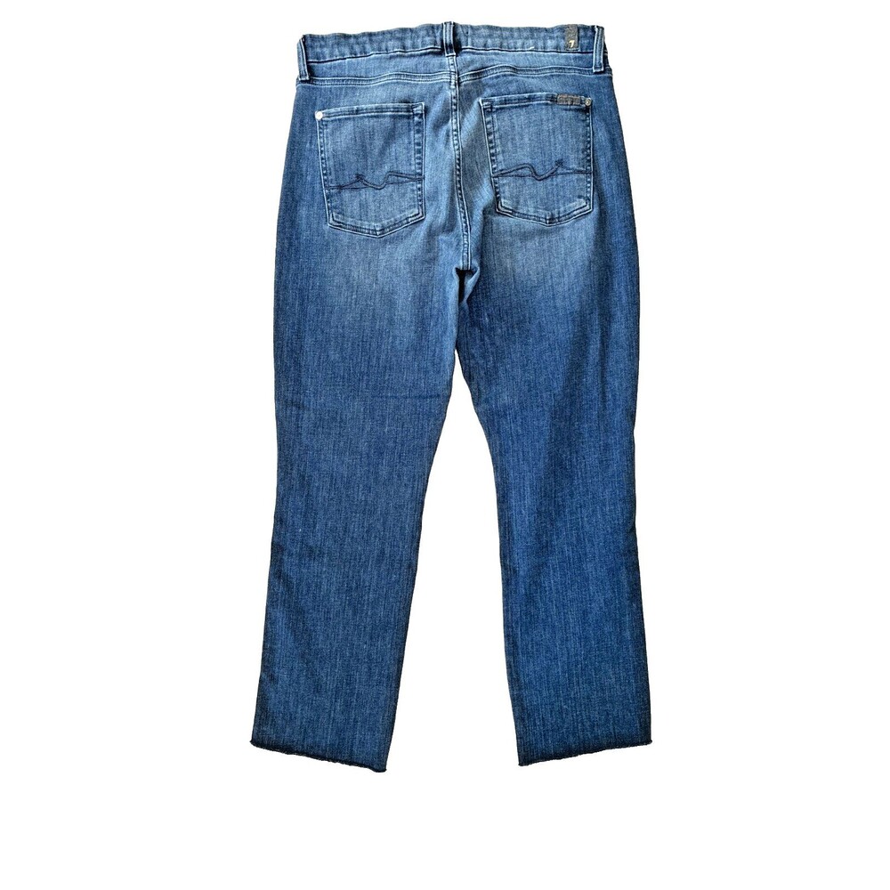 7 For All Mankind Raw Hem Straight Leg Jeans Women Size 33 Cut 28" L Blue Grunge - Picture 5 of 16